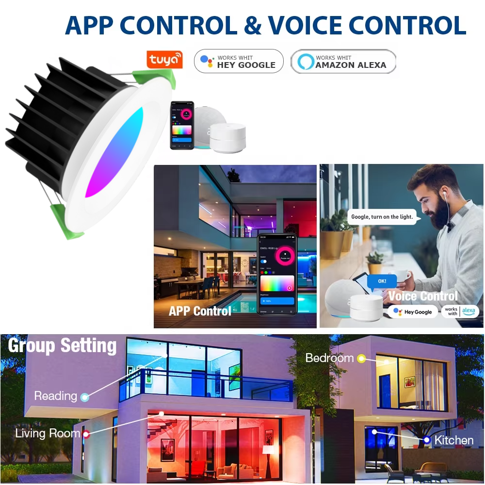 led recessed panel down light 6 inch 12w wifi app voice control alexa google home 5cct 3000k 6500k rgb smart slim