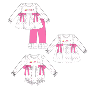 Girls Long Sleeve Dot <b>Dress</b> Top Pink Leggings Bodysuit Set Sweet Ruffle Bow Make <b>Up</b> Designs <b>Toddler</b> Outfit - Product Image 2