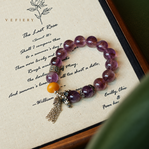 Purple Gemstone Round <b>Beaded</b> <b>Bracelet</b> with Yellow Accent Bead and Metal Tassel - Product Image 4