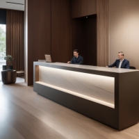 Comptoir d'accueil en acier inoxydable avec dessus en bois, design traditionnel pour restaurants, salons, boutiques, écoles, hôpitaux, centres commerciaux - Durable