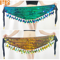 Foulard de taille multicolore à sequins et pompons pour femme, idéal pour la danse du ventre, la danse latine, le carnaval, les spectacles et les fêtes, avec un voile éventail