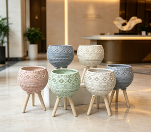 Modern Ceramic Flower <b>Pots</b> with Wood Legs Hand Carved Geometric Design Indoor Planters Set of 5 for Green Plants - Product Image 3