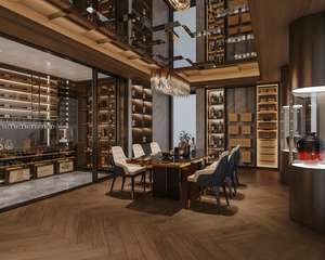 Cave à vin de luxe sur mesure, salle de dégustation, acier inoxydable 304 avec design en chêne rouge - Product Image 1