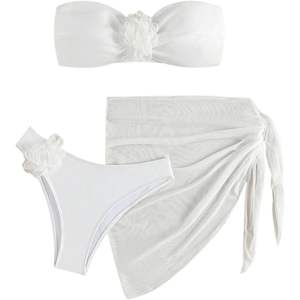 Conjunto de Bikini de 3 Piezas Personalizado para Mujer, Top Bandeau con Apliques Florales, Traje de Baño Elástico, Falda de Playa Blanca - Product Image 5