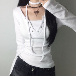 Blusa Casual de Manga Larga para Mujer, Color Sólido, Cuello en U, Diseño con Cordones y Ojales, Uso Diario Básico - Product Image 5