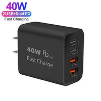 Vente en gros d'usine, chargeur rapide pour téléphones mobiles 40W double PD + double USB, adaptateur secteur type C pour iPhone, Samsung, téléphone mobile