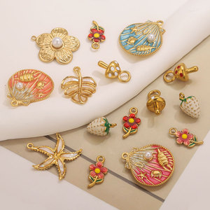 Fleur <span class=keywords><strong>d</strong></span>'été et bord de mer |   Charmes pendentifs en émail en forme de coquillage, <span class=keywords><strong>d</strong></span>'étoile de mer et de fleur en acier inoxydable plaqué <span class=keywords><strong>or</strong></span> 18 carats pour la fabrication de bijoux DIY - Product Image 5