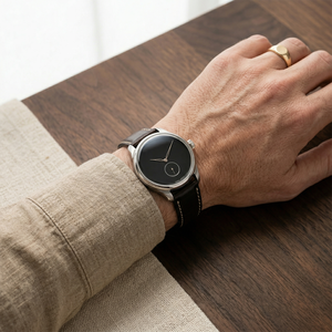 Montre de marque minimaliste sans index, cadran noir, verre <span class=keywords><strong>double</strong></span> bombé, quartz, boîtier en acier inoxydable de 20 mm, résistant à l'eau 5 ATM, bracelet en cuir pour homme - Product Image 5