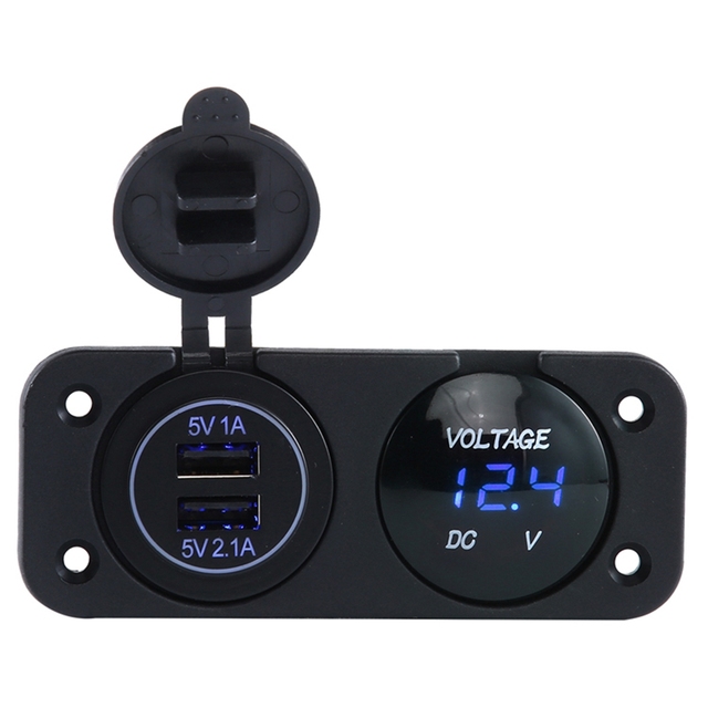 Dual USB Car Charger with Voltage Display, 5V 1A/2.1A Output, Waterproof, LED Digital Voltmeter for Marine/RV/Motorcycle