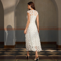 Robe décontractée pour femme, unie, blanche, tissée, col montant, manches courtes, longueur midi, taille empire, moulante, respirante, élégante, pour soirée