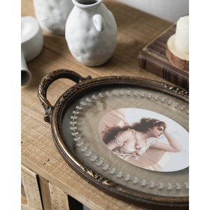 Plateau rond en fer et verre de style rustique français, design multifonctionnel, service alimentaire, décoration de la maison, <span class=keywords><strong>rangement</strong></span> de <span class=keywords><strong>bijoux</strong></span> - Product Image 4