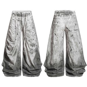 Jeans Vintage Y2K da Uomo ShangJinHe Personalizzati Post-Apocalittici con Lavaggio Sfumato e Schizzi d'Inchiostro, Vestibilità Regolare Distressed, Stile Streetwear - Product Image 1