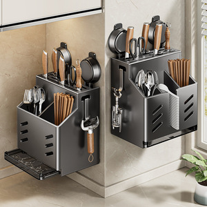 Soporte para cuchillos montado en la pared con organizador para palillos, montaje con ventosa, sin necesidad de taladro, estante de almacenamiento para cocina, forma rectangular - Product Image 2