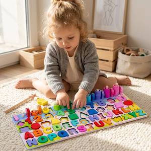 Gioco Educativo <span class=keywords><strong>Montessori</strong></span> in <span class=keywords><strong>Legno</strong></span>: Tavola delle Attività con Puzzle di Alfabeto, Numeri e Forme, Anelli per Contare e Pesca per Bambini - Product Image 1