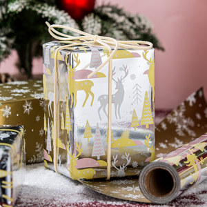 Reversible Silver Christmas Wrapping <b>Paper</b> <b>Roll</b> 17 Inch X 33 Feet Reindeer and Tree Pattern Metallic Gold Foil Gift <b>Wrap</b> - Product Image 1