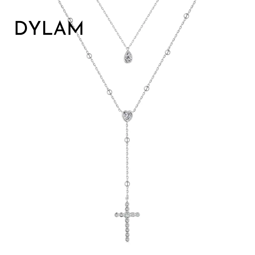 Dylam personalizado hip hop cruz pingente dupla camada mulheres 925 prata esterlina 18k banhado a ouro cruz colar