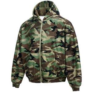 Sudadera con capucha y cremallera personalizada con pedrería para hombre, informal de invierno, oversize, con estampado de camuflaje, 100% algodón, tejido de punto - Product Image 1