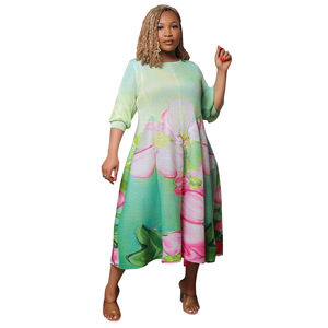 Robe tendance 2026 à imprimé floral et effet éclaboussures d'encre, style européen et américain, avec manches lanternes et jupe plissée évasée - Product Image 5