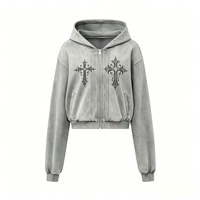 Sweat à capuche zippé court pour hommes et femmes, gris, imprimé croix gothique, streetwear imprimé Kornit DTG