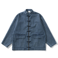 Unisex-Jeansjacke mit traditionellen chinesischen Froschknöpfen, Stehkragen, geripptem Saum, im Vintage-Streetwear-Stil, anpassbar