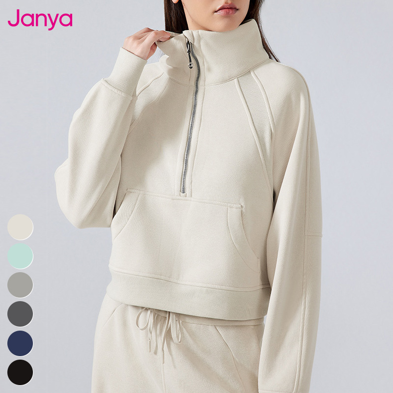Women's 320G Thickened Sports Gym Fitness Sweatshirt Long Sleeve Half Zipper Stand Collar Breathable Fleece Yoga Top Women's Top