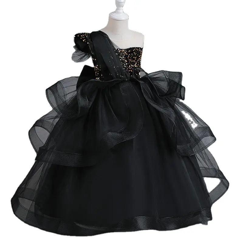 Gaun malam hitam anak perempuan, pakaian modis satu bahu kelas atas 120-170cm