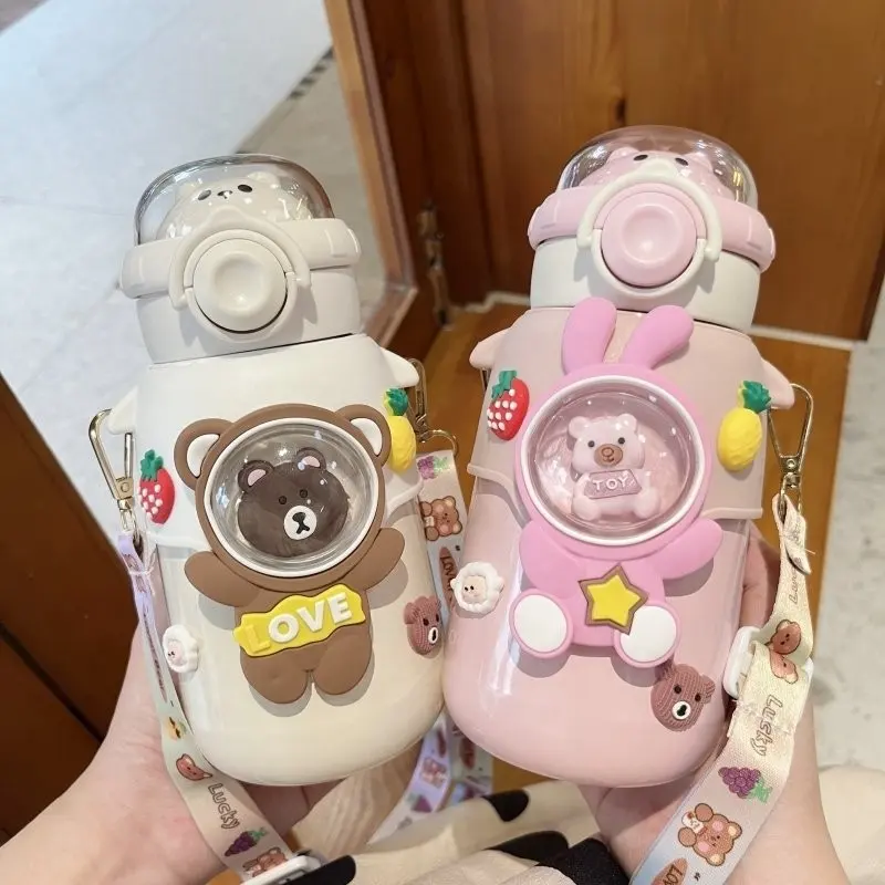 Wholesale cute kids water bottle double wall stainless steel thermos cup for kids with strap straw