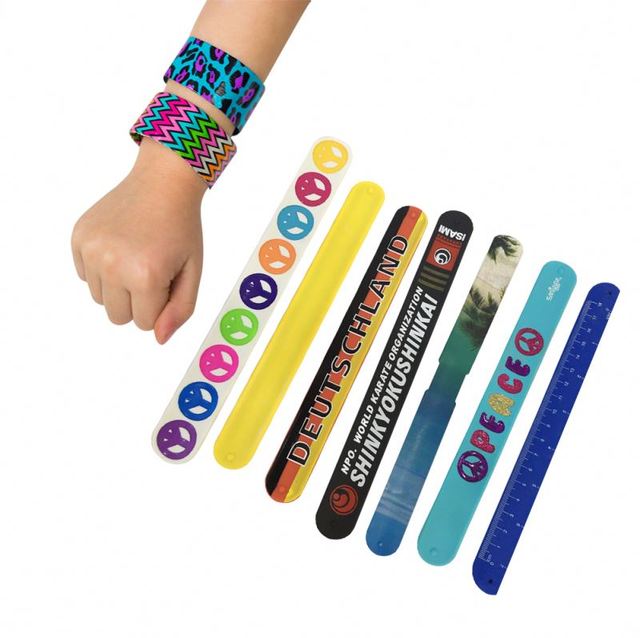 Professional Logo Printing Kids Metal Bracelets with PVC Wrap Silicone Slap Snap Ruler Music Bands Promotional Toys Gift