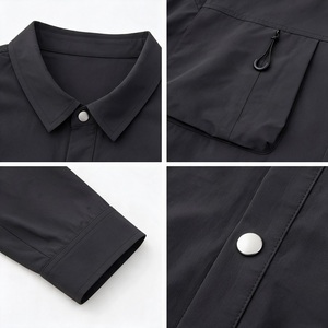 Camisa de hombre negra de manga larga con botones, doble cremallera en los bolsillos del pecho, cuello vuelto, popelina elástica, estilo casual, venta al por mayor y personalizada. - Product Image 3
