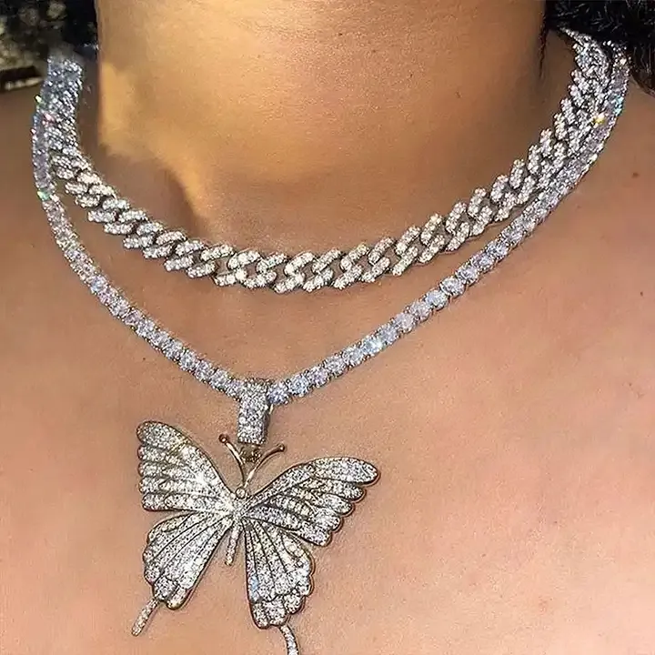 Kalung kupu-kupu lapis ganda berlian penuh rantai tebal Kuba perhiasan modis Choker mewah untuk wanita