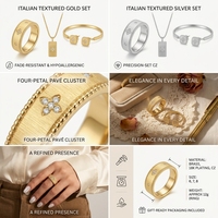 Ensemble de bijoux plaqué or 18 carats avec zircone cubique, bracelet, bague, collier et boucles d'oreilles texturés en forme de trèfle, style italien pour femmes
