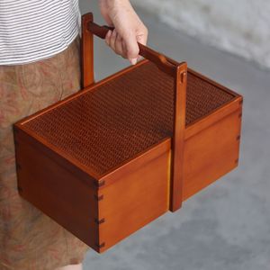 <b>Bamboo</b> Storage Box Double Layer Rectangle Handmade Tea Set Organizer Kitchen Food <b>Container</b> Woven Basket - Product Image 1