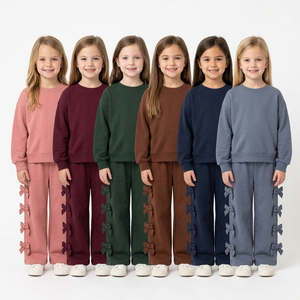 Tenue 2 pièces pour petites filles, haut à col ras du cou, pantalon à jambes larges avec décoration en nœud, vêtements décontractés - Product Image 1