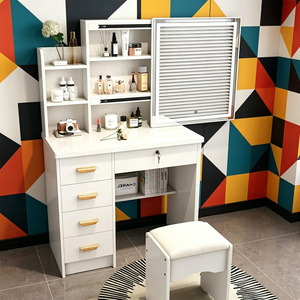 Coiffeuse en bois avec miroir LED, grand rangement et étagères latérales, ensemble table de maquillage avec tabouret pour l'organisation des cosmétiques dans la chambre - Product Image 1