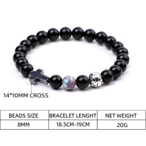 Bracelet élastique en perles <span class=keywords><strong>de</strong></span> <span class=keywords><strong>pierre</strong></span> d'onyx noir 8MM avec croix et breloque ballon <span class=keywords><strong>de</strong></span> football, cristal <span class=keywords><strong>de</strong></span> guérison, bijou fantaisie en pierres précieuses, cadeau pour homme - Product Image 2