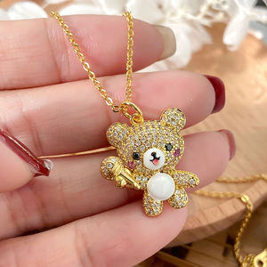 Bijoux en argent sterling 925 pour filles vermeil plaqué or 18 carats émail porte-bonheur ours mignon chantant avec microphone colliers pendentifs fins - Product Image 2