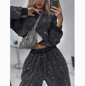 Set 2 potong atasan wanita lengan panjang, kerah bundar, longgar, dengan tali serut dan celana lebar, model Eropa dan Amerika untuk musim gugur dan dingin. - Product Image 2