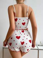 Conjunto de pijama de verano para mujer, 2 piezas, suave, informal, con estampado de corazones, camiseta sin mangas y pantalones cortos, lencería, ropa de dormir.