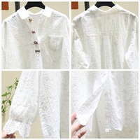 Blus Wanita Terbaru Musim Semi 2026, Grosir, Putih, Detail Jacquard Berlubang, Aksen Pita, Lengan Panjang, Model Longgar, Manset Ruffle, Elegan, Kasual, dan Chic