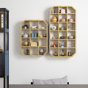 Estante de Pared de Madera Maciza con Múltiples Compartimentos, Forma Irregular, Estante de Exhibición para Almacenamiento de Té, Estilo Retro Chino - Product Image 2