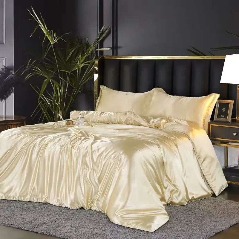 ヨーロッパのサテン羽毛布団カバーセットソフトシルク寝具セット100% シルクベッドシーツシーツ寝具セット家庭用