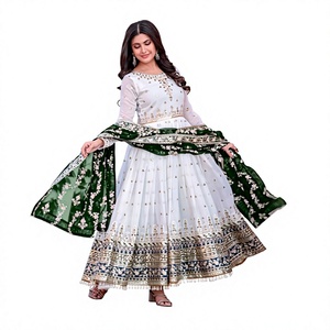 Elegant White Chiffon Lehenga With Green Embroidered Dupatta Traditional Indian <b>Wedding</b> Wear For Women - Product Image 1