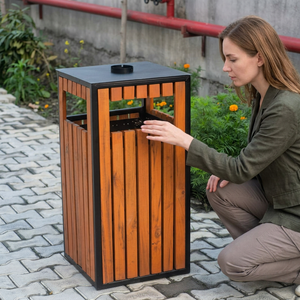 Modern Rectangular Outdoor Dust <b>Bin</b> Wooden With Metal Frame <b>Lids</b> Minimalist Design Garden Use - Product Image 1