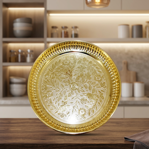 Assiette décorative ronde en métal avec motif végétal gravé, design traditionnel chinois fait main - Product Image 5
