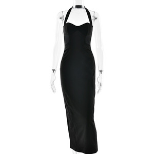 Vestido ajustado con cuello halter, color liso, cintura ceñida, sin espalda, corte ajustado, para oficina - Product Image 5