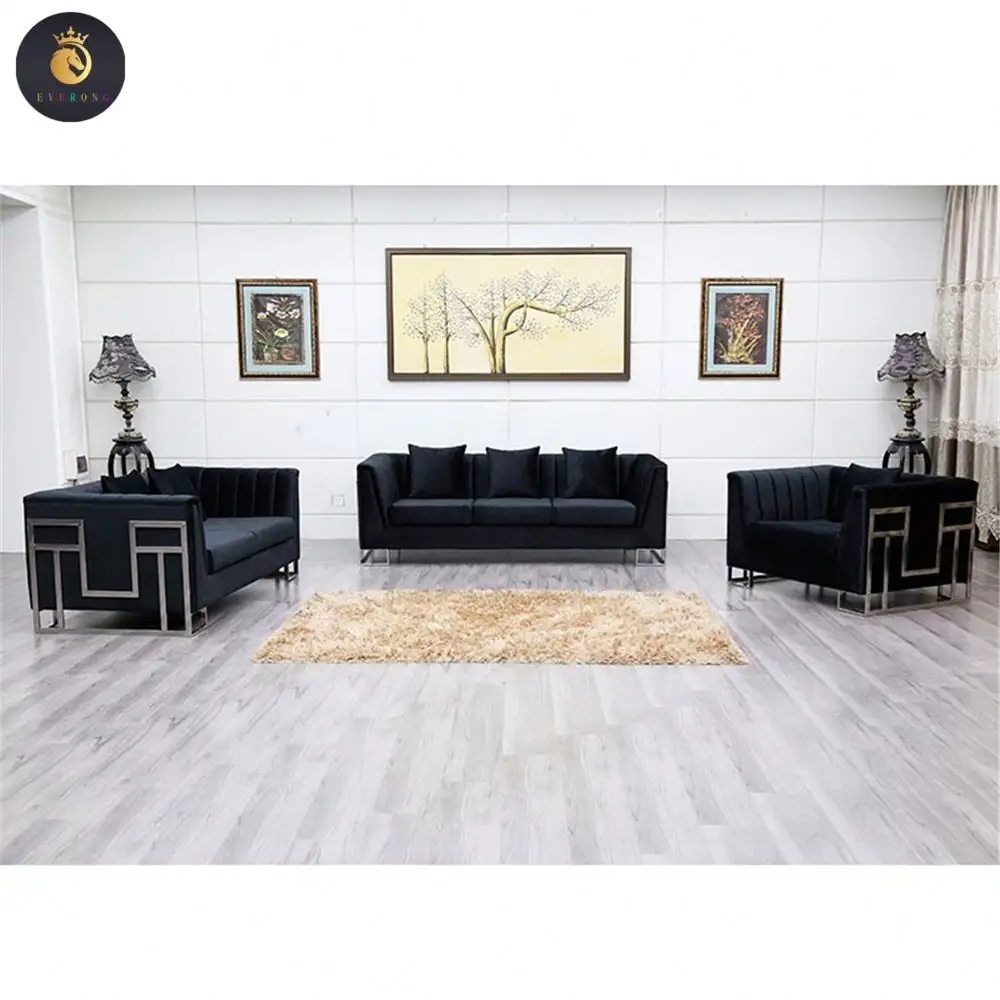 Luxus verchromte Rahmen Wohnzimmer Sofas Moderne Möbel Schnitt Schwarz Samt Sofa Set 1 2 3 Home Haushalt Stoff Sofa Set