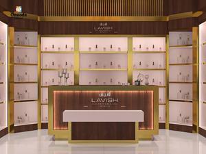 Elegante Vitrina de Madera Dorada para Perfumes, Personalizada, con Kioscos y Diseño Integral para Tiendas y Minoristas - Product Image 3