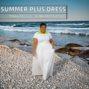 Robe d'été élégante décontractée pour femmes grandes tailles, couleur unie, taille cintrée, grande jupe évasée, manches courtes, silhouette ample, tombée - Product Image 3