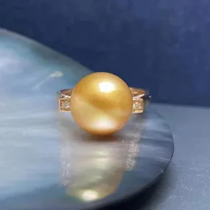 SGARIT Fine Jewelry Sea Pearl 18K Yellow Gold 11-12MM Philippine Natural Gold Pearl Ring South Sea Jewellery For Women Wedding