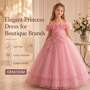 Robe de demoiselle d'honneur rose en tulle bouffant pour les filles de 8 ans, tenue de fête d'anniversaire brodée pour enfants pour l'été - Product Image 2